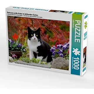 Calvendo Schwarz-weiße Katze im blühenden Garten 1000 Teile Puzzle quer
