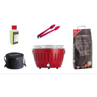 LotusGrill S Small Kompakt Starter-Set Feuerrot der raucharme Holzkohlegrill mit 2,5 kg Buchenholzkohle, 200 ml Brennpaste, 1x Zange (Farbe nach Vorrat), 1x Tasche. Stromversorgung USB oder Powerbank