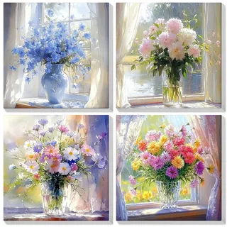 Lxmsja 4 Stück Malen Nach Zahlen Erwachsene mit Rahmen, Malen Nach Zahlen Blumen, Diy Set Erwachsene mit Pinseln und Acrylfarben Handgemalt Ölgemälde Leinwand für Home Décor, 20x20cm