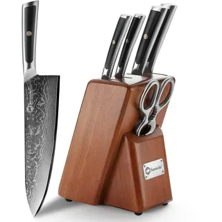 Sunnecko 6pcs Damastmesser Messerblock mit Messer, Messerblock Set Küchenmesser Block Messerblocksets Messerset