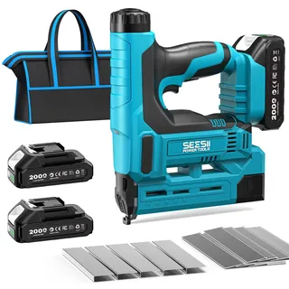 SEESII Akku-Nagler Set, 18GA Elektrische Nagelpistole mit 2 x 2,0Ah Akkus und 1000 Nägeln/Klammern, einstellbare Nageltiefe, 2-in-1 Brad-Nagler/Klammerer für Holzverarbeitung