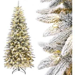 Yorbay Künstlicher Weihnachtsbaum Slim mit Beleuchtung LED Tannenbaum für Weihnachten-Dekoration, Schneebeflockt, Schmal, Weiß, 210cm