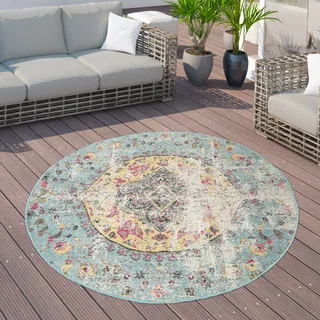 Outdoor Teppich Balkon Terrasse Vintage Küchenteppich Orient Muster Rauten Ethno Grösse 200 cm Rund - Bunt
