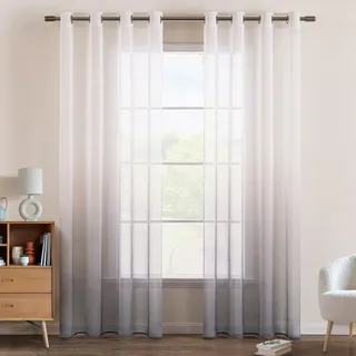 EMEMA Gardinen Transparent Vorhänge Voile Sheer Vorhang mit Ösen Farbverlauf Dekoschal Fensterschal für Schlafzimmer und Wohnzimmer 215 cm x 140 cm(H x B) 2er Set Weiß Grau