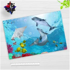Bild Schreibtischunterlage für Kinder und Erwachsene Delfine unter Wasser, aus hochwertigem Vinyl , 60 x 40 cm
