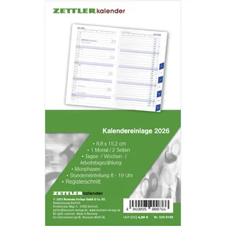 Zettler Kalenderersatzeinlage TP 1M/2S Registerschnitt 2026 – Ersatzkalendarium 9 × 15 cm für Taschenplaner Typ 530, 16 Blatt, 1 Monat auf 2 Seiten, Stundeneinteilung 8–19 Uhr, FSC