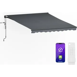 Blumfeldt CloudShade Markise – 3m elektrische Gelenkarmmarkise mit App & Fernbedienung, UV 30+ & Regenschutz, Neigungswinkel einstellbar, Aluminiumrahmen, einfache Wandmontage, 295x250 cm, Dunkelgrau - Grau