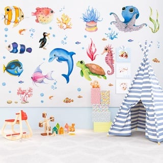 Wandtattoo kinderzimmer - Unterwasserwelt Wandsticker Unter dem Meer Fisch Wandaufkleber Delphin Meeresschildkröte Seetang Wandsticker Kinderzimmer Babyzimmer Badezimmer Wanddeko