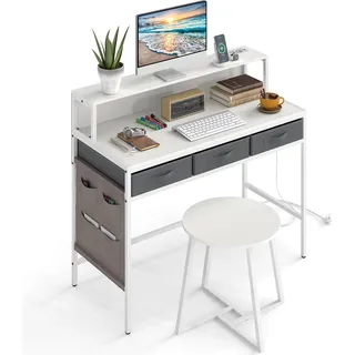 COSTWAY Computertisch mit Hocker & Steckdosen, Computerschreibtisch mit Monitorständer, Schubladen & Seitentaschen, Schminktisch Schreibtisch Weiß - Weiß