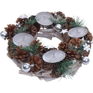 Adventskranz HWC-M15, Adventsgesteck Tischkranz Weihnachtsdeko Tischdeko, Holz MVG silber Ø 32cm ohne Kerzen - Braun