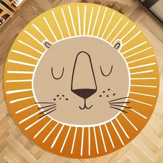 Runder Teppich Löwenkopf Muster Carpet Lion Rugs,Orange Yellow, ø 80 cm, Rund Carpete Mädche, Teppich Kurzflor fürs Jugendzimmer