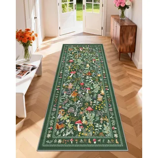 GEANUP Teppich Läufer Flur 80x200 cm, Grün Küchenläufer Waschbar rutschfest, Weicher Schlafzimmer flurläufer, Märchen-Pilz Flurteppich für Korridor Waschküche Wohnzimmer Kinderzimmer
