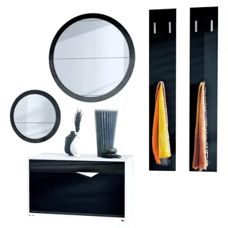 Garderoben-Set Espoo, Flurgarderobe mit Schuhbank, 2 Wandpaneelen und 2 runden Wandspiegeln, Weiß matt/Schwarz Hochglanz - Weiß, Schwarz