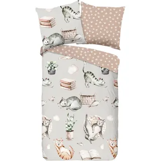 Jugendbettwäsche , Grau, Beige , Textil , Katze , 135x200 cm , atmungsaktiv , Heimtextilien, Bettwäsche & Leintücher, Kinderbettwäsche