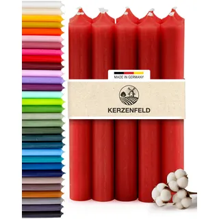 Premium Stabkerzen Rot durchgefärbt, 10 Stück, 180mm x 22mm - Tafelkerzen | Made in Germany, Lange Brenndauer 8+ Stunden - Bunte Spitzkerzen Ohne Tropfen & Rußen - RAL-Zertifizierte Haushaltskerzen