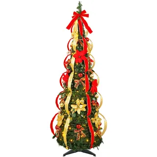 AGM 1.8M Pop Up Weihnachtsbaum mit Beleuchtung, PVC Künstlicher Weihnachtsbaum mit Schleifes, Bänders, Weihnachtskugeln und Weihnachtsblumen, Tannenbaum Künstlich für Weihnachten Dekoration