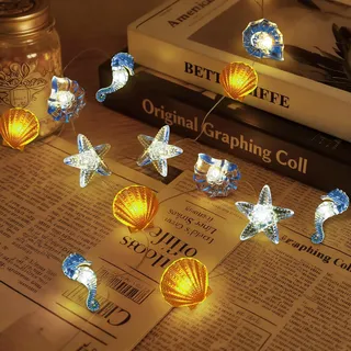 Vicloon Lichterkette Meerestiere, 2M 20 LED Seepferdchen Seestern Wellhornschnecken Muschel Lichterkette, Bunt Lichtervorhang Innen für Weihnachten Deko, Balkon, Party, Hochzeit