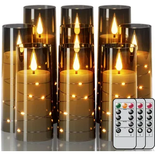 Eldnacele Flammenlose Kerzen mit Fernbedienung und Timer, Eingebaute Lichterkette, Acryl-LED Stumpenkerzen Flackernd, Batteriebetrieben, 9 Stk Glas Kerzen, Schwarz