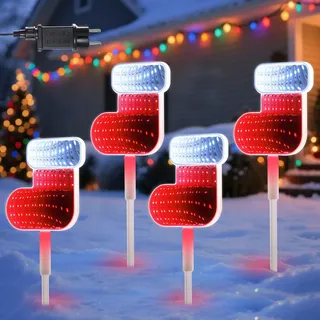 Quntis LED Gartenstecker Weihnachten mit Erdspieß 3D-Tunneleffekt 4 WeihnachtsStrumpf Strombetriebene Weihnachtsdeko Gartendeko, IP44 wasserdichte Weihnachtsbeleuchtung Outdoor für Hof Weg Balkon