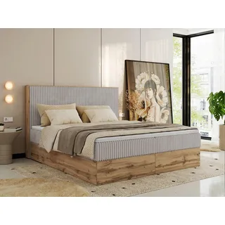 MKS MEBLE Boxspringbett WOOD CLASSIC, Komplett Set mit Multipocket-Matratze und Topper, Doppelbett für Schlafzimmer, hohe Kopfteil - 140 x 200 cm - H3 - Hellgrau Cord - Grau