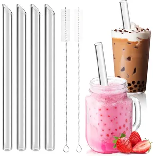 Annyswit 4 Stück Bubble Tea Strohhalme mit 2 Reinigungsbürsten - 14mm Transparent Glas Breite Boba Trinkhalme Wiederverwendbar für Smoothie Cocktail (4 Schräg)