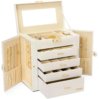 Seelux Schmuckkoffer Schmuckkasten mit fünf Fächern und Seitenklappen Schmuckkästchen Abschließbar für Armbänder, Ohrringe, Ringe, Halsketten(Weiß + Gold)