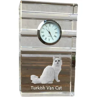 Türkisch Van Katze - Glasuhr mit Foto, Katzenfoto im Kristall, personalisierte Standuhr für das Büro der Marke Art-Dog