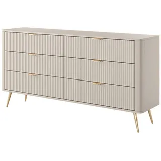 Ravio Sideboard Flore 163 cm Beige / Gold - mit 6 Schubladen und Riffel-Optik , Beige, Gelb , Holzwerkstoff, Metall, Holz , Rechteckig , 163x81x38 cm , Kleinmöbel, Kommoden, Sideboards