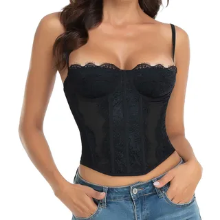 Raxnode Spitzen-Korsett, bauchfreies Oberteil für Damen, sexy, modischer Club-Body mit Schnalle, schwarz, Medium
