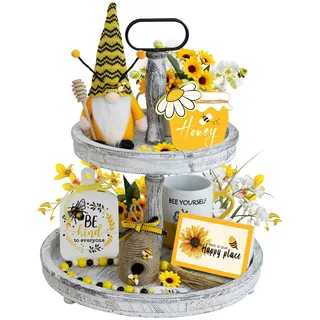 Hummel-Tablett-Dekor-Set, Zwerg gestuft, Bauernhaus-Dekor, Zwerg aus Plüsch, 3 Schilder, Bienenstock, Holzgirlande, rustikale Küchendekoration, Frühlingssommer-Tablett-Dekor, 6 Stück