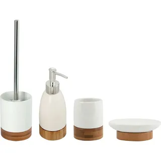 MSV Badezimmer Set, 4-teiliges Badzubehör aus Keramik und Bambus Tallinn Seifenspender, WC Bürste, Seifenschale und Zahnputzbecher Weiß