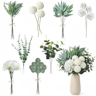 55 Stück Kunstblumen Wie Echt & Künstliche Zweige, 8 Verschiedenen Kunstblumen & -Pflanzen, Eukalyptus Deko für DIY Blumenstrauß, Brautstrauß, Home Decor, Party, Tischdeko, Hochzeit Deko & Gartendeko
