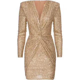 Swing Fashion Minikleid Damen | Elegantes Kleid | Festliches Kleid | Partykleid | Abendkleid | Hochzeitskleider | Kurzkleid | Kleid mit Pailletten | V-Ausschnitt | Langarm | Gold | 34 (XS)