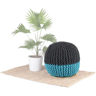 Native Home Pouf Hocker, 2 in 1, Beistelltisch & Sitzhocker, rund, Mangoholz, Strick, HxBxT: 40 x 40 x 40 cm, blau-grau
