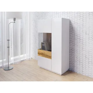 Hohe Kommode mit verglastem Teil SHADI links, weiß + Eiche Wotan - Weiß