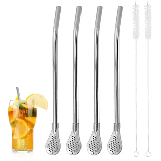 4 Stück Trinkhalme Löffel mit 2 Reinigungsbürsten, Edelstahl Sieblöffel/Strohhälme/Teelöffel für Tee, Kaffee, Saft, Milchshakes, Cocktails, Zitronentee