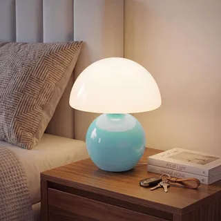 Dawnwake Pilz Nachttischlampe Tischlampe, Led Dimmbar Tischleuchte Deko Wohnzimmer, Schlafzimmer Tischlampen, Mushroom Bedside Table Lamp, Keramikbasis Glas Klein Nachtlampe (Blau)