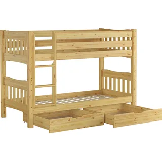 Etagenbett Kiefer Massivholzbett 90x200 Stockbett Hochbett Zubehör wählbar V-60.15-09Ni70 Rollrost und Doppelbettkasten inkl. - Naturbelassen