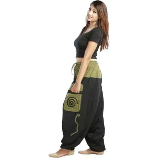 Haremshose Pumphose Aladinhose Pluderhose Yoga Goa Sarouel Baggy Aladin Freizeithose Simandra Damen, schwarz/grün L/XL - Schwarz, Grün