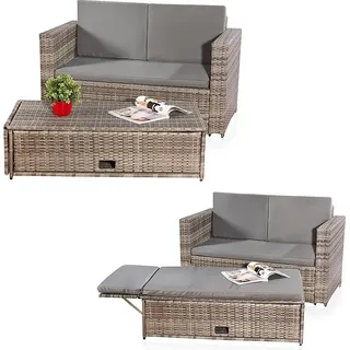 Mucola Gartenmöbel Polyrattan Lounge Sessel Sofa Bank Tisch Fußbank klappbar Rattan Gartenset Outdoor Sitzmöbel - Grau - Grau