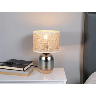 Ausgefallene LED Tischlampe 32cm mit Glasfuß, Kork und Lampenschirm aus Rattan