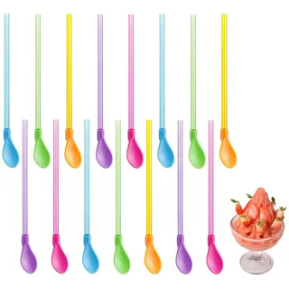 15Stück Strohhalm mit Löffel,2-in-1-Strohhalm und Löffel,Wiederverwendbare Löffels-Trinkhalme,Bunter Strohhalm-Löffels,Plastik-Strohhal-Löffe,für Cocktails,Smoothies,Milchshakes,Milchtee