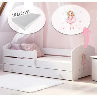 Kinderbett 70x140 cm mit Matratze und Schublade, Rausfallschutz & Lattenrost in weiß mit Prinzessin Motiv Komplettbett Jugendbett Einzelbett Holz - Weiß