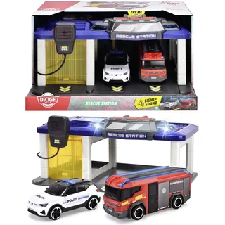 Dickie Toys 203716026018 - Dänische Rettungsstation mit Polizeiauto und Feuerwehrauto - Rettungsstation mit Licht, Sound, Einschließlich Dänisches Polizeiauto und Brandbi, 31 x 22 x 16 cm, Ab 3 Jahren