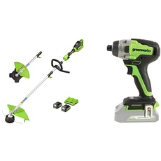 Greenworks Akku-Rasentrimmer+Akku- u. Bohrschrauber GD24ID (Li-Ion 24V 300 N.m Drehmoment 2800 Umdrehungen/Min 6,35mm Schaftdurchmesser leistungsstarker brushless Motor ohne Akku u. Ladegerät)