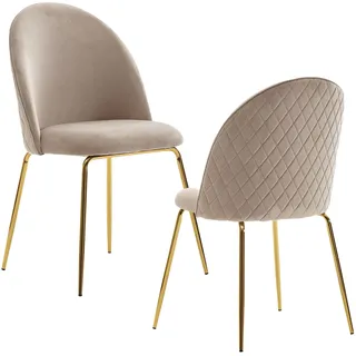 FineBuy Design Esszimmerstühle Beige Samt 2er Set mit Steppung, Moderner Küchenstuhl, Essstuhl goldene Beine, Bequeme Küchenstühle gepolstert - Beige