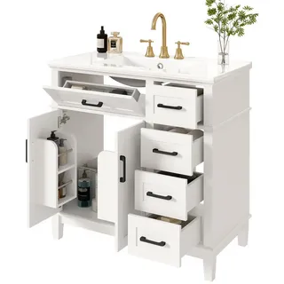 Okwish Waschtischkombi 90/46/87 cm weiß aus Keramik und MDF mit Schubladen , Weiß , Holzwerkstoff , 90x87x46 cm , Badezimmer, Waschbecken & Armaturen, Waschtische