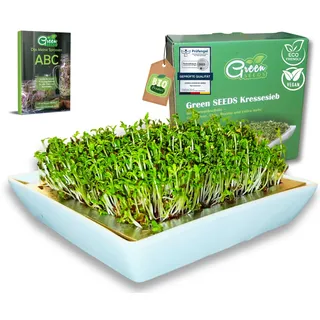 Green SEEDS® Kressesieb 1er Set | Edelstahlsieb mit hochwertiger Keramikschale | Anzuchtschale 14 x 14cm Spülmaschinenfest u. Rostfrei + Sprossen-ABC (E-Book)