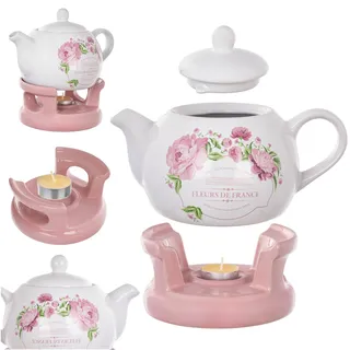 KADAX Teekanne 1L mit Stövchen Set, Kaffeekanne aus Porzellan mit Deckel, Griff und Teestövchen, Kanne mit Teelicht Wärmer für Tee, Teeservice (Rosa/Weiß)