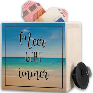 Shirtracer Spardose Holz Meer geht Immer Strand | Holz, 10x10cm, Urlaub, Reise, Ferien, Fernweh, Maritim, Anker, Taschengeld, Wunscherfüller, Deko, Geldgeschenk